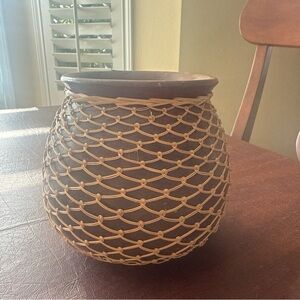 SOLD Indonesian Handcrafted Terracotta Pot With Hand Knotted Rattan Net; 5.25”H